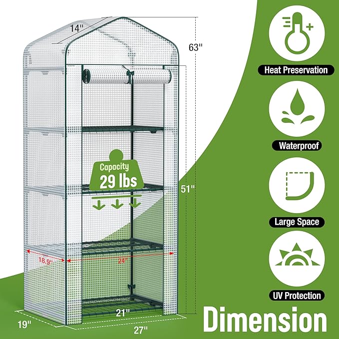 WORKPRO Mini Greenhouse, 4-Tier Portable Small Greenhouses for Outdoor Indoor with Shelves and Thicken PE Cover, White - 27" L x 19" W x 63" H, Ideal Gardening Gifts for Women Men