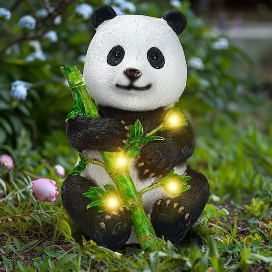 Garden Panda Solar Lights Bamboo Statues Cute Sculptures Waterproof Resin for Indoor Outdoor Porch Patio Lawn Yard Decorations (Sitting)