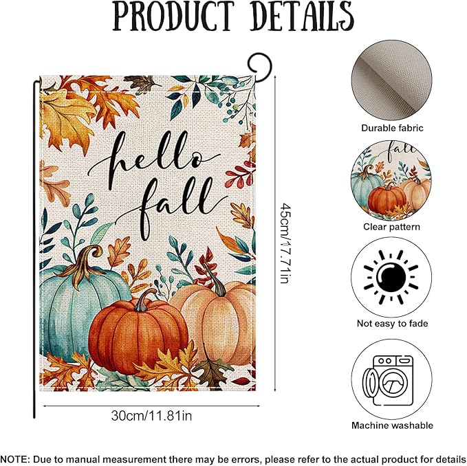 Fall Garden Flag 12 x 18 Inch Double Sided Pumpkin Maple Leaves Designs Autumn Burlap Yard Flag for Outside Rustic Yard Outdoor Holiday Home Decoration