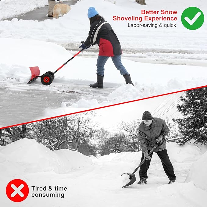 29" snow shovel with wider wheels,efficient snow removal tool,snow plow with adjustable handle and angled blade,snow pusher for doorway sidewalk,ergonomic double rod handle design with reflective tape