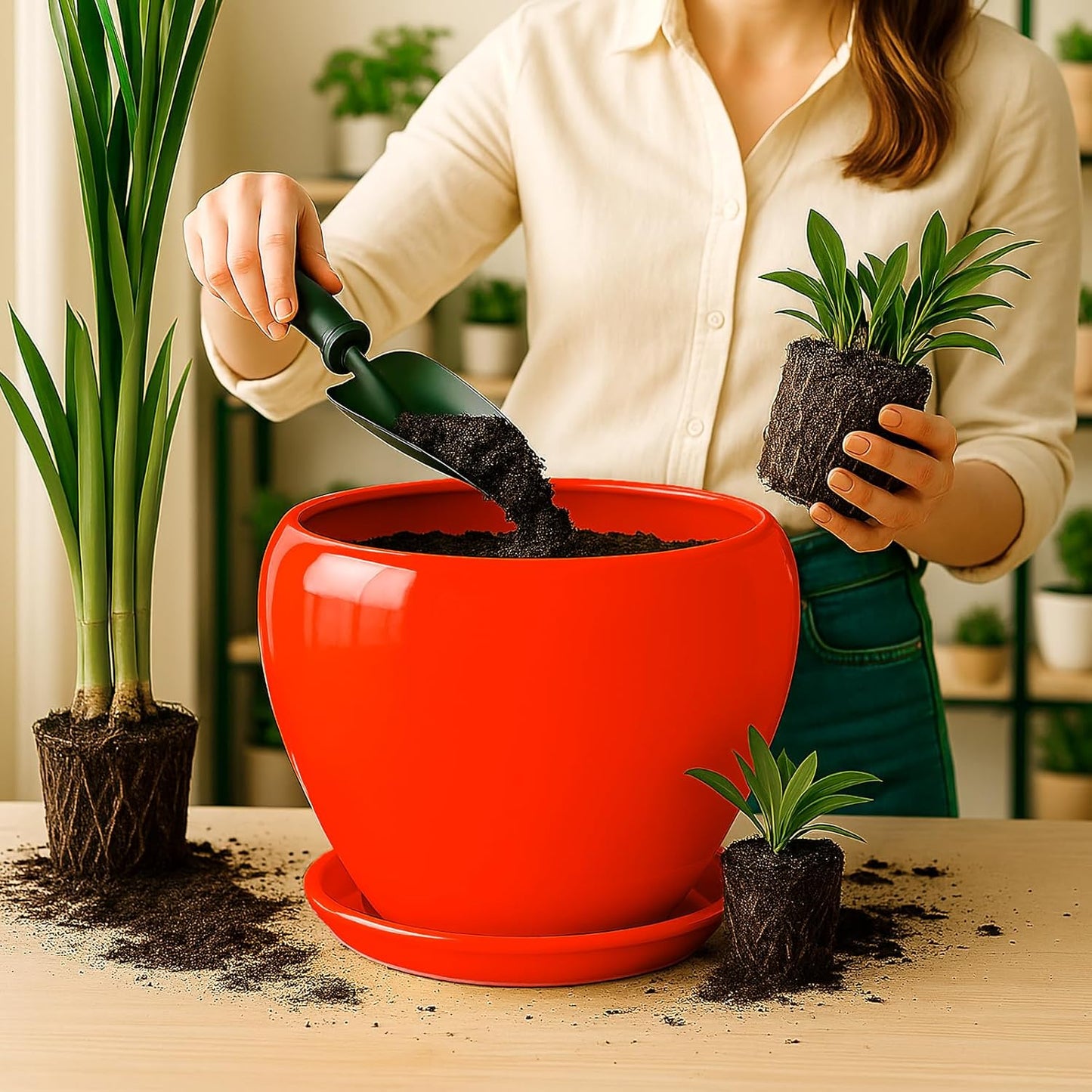 Deep Dream 10 Inch Plant Pot- Ceramic Planter Pot Round Plant Pots for Indoor Plants Outdoor Large Flower Pot with Drainage Holes & Trays, Red