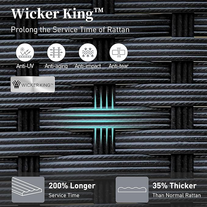 7 Piece HDPE Outdoor Dining Set for 6, 64” All Weather Wood-grain Dining Table, 6 Wicker Rattan Chairs with 3.2” Waterproof Cushion, Patio Table and Chairs Set for Backyard and Deck, Black