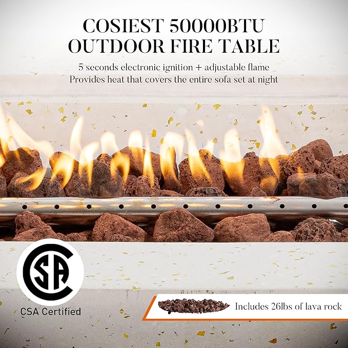 COSIEST 56" Outdoor Propane Fire Pit Table Rectangle Gas Fire Pit Table with Concrete & Wood Grain Design, 50000BTU CSA Certified Electronic Ignition Fire Tables for Patio, Backyard, Garden Heating