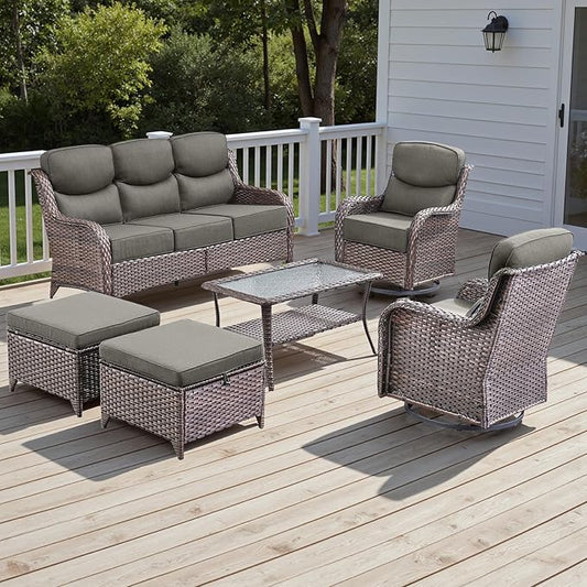 Wicker Outdoor Patio Furniture Set - 6 Piece Patio Conversation Sets with Swivel Rocker Chairs, Ottomans, Sofa and Table, 6 inch Cushions, Deep Seating, for Porch Deck Brown/Grey