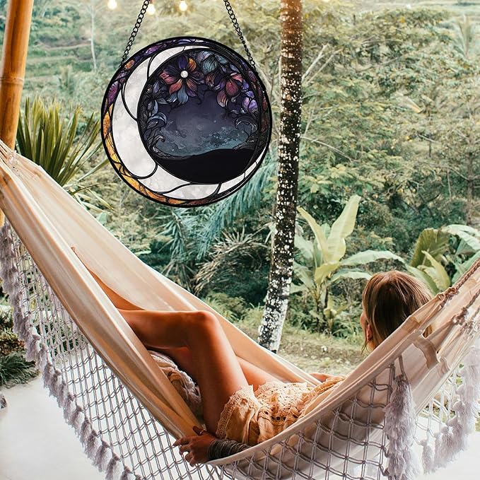 Stained Glass Window Hanging - Black and White Moon Sun Catcher for Door Terrace Garden Home Decor, Abstract Plant Flower Suncatcher Birthday Gifts for Lovers Women Men Dad Mom Nana 15 in