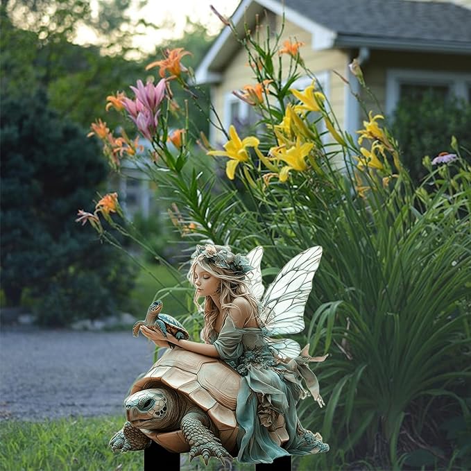 Fairy Garden Stake Decor, 2D Flat Acrylic Fairy Garden Decor Panel, Elf Yard Sign for Outdoor Indoor Yard Lawn Plants Pots, Fairy Garden Accessories (Fairy and Turtle)