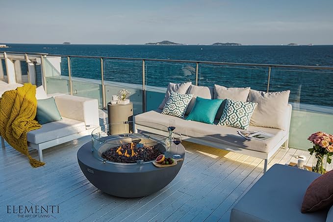 Elementi | Bundle Lunar Gas Fire Pit Cast Concrete 42" Round Fire Table, Outdoor Fire Pit Electronic Ignition | Canvas Cover, Lava Rock Included | Light Gray (Natural Gas)