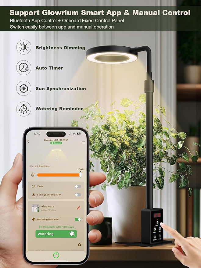 GLOWRIUM Smart LED Grow Lights for Indoor Plants, Desk Plant Light with Bluetooth App Control, 8W Full Spectrum Grow Lamp, Height Adjustable 16"-23", Auto Timer, Watering Reminder for Small Plants