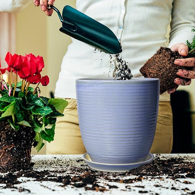 10 Inch Plant Pot - Round Ceramic Planter with Drainage Hole and Plant Saucer Indoor Outdoor for Decoration, Modern Home Garden Office Decor, House Warming Gifts, Blue-Purple
