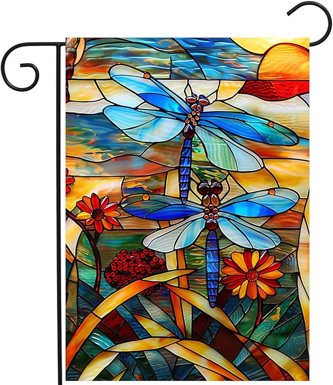 Stained Glass Dragonfly Garden Flag Spring Summer Yard Flag Fall Floral Decorative Flags for Outside 12x18 Double Sided Small Seasonal Lawn Flags Rustic Outdoor Decor