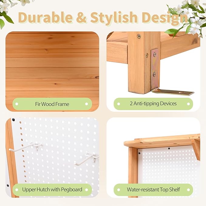 Fir Wood Potting Bench with Hutch - Outdoor Garden Workstation with 4 Shelves, Drawer & Adjustable Storage, 50.2" Countertop, & Pegboard (Natural + Wood + Rustic)