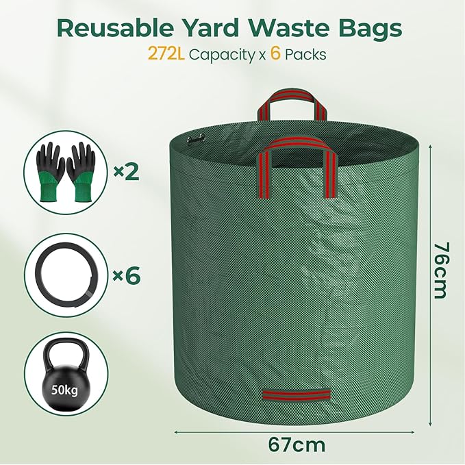 EsLuker.ly 6 Pack Garden Lawn Leaf Waste Bags, 71 Gallons Reusable Yard Litter Bag with 2 Pairs Gardening Gloves, Heavy Duty Trash Containers with Handles for Outdoor Cleanup, Ideal for Homeowners