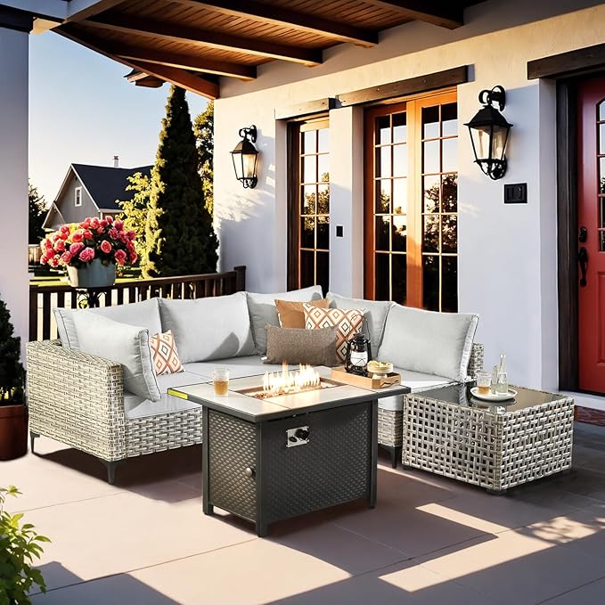 Outdoor Sectional Patio Furniture Set with Fire Pit Table and Glowing Table,6 Pieces Wicker Conversation Sets L Shaped Couch Out Door Sofa Set Outside Furniture for Garden Deck Yard,Grey