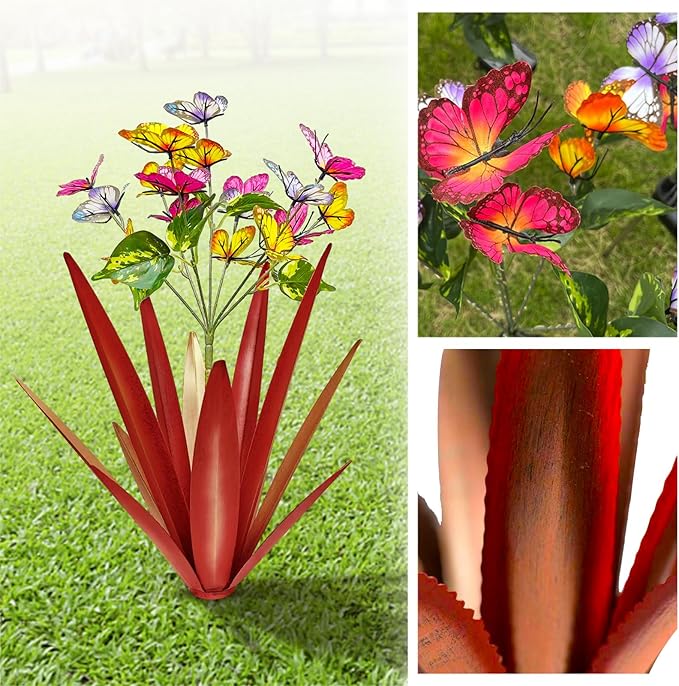TOMBABY Garden Outdoor Butterfly Enlarge Thickened Wind Resistant Metal Agave Garden Art Metal Plant Country Sculpture Statue Decorations Ornaments Artificial Waterproof Butterflies(red 2pcs)