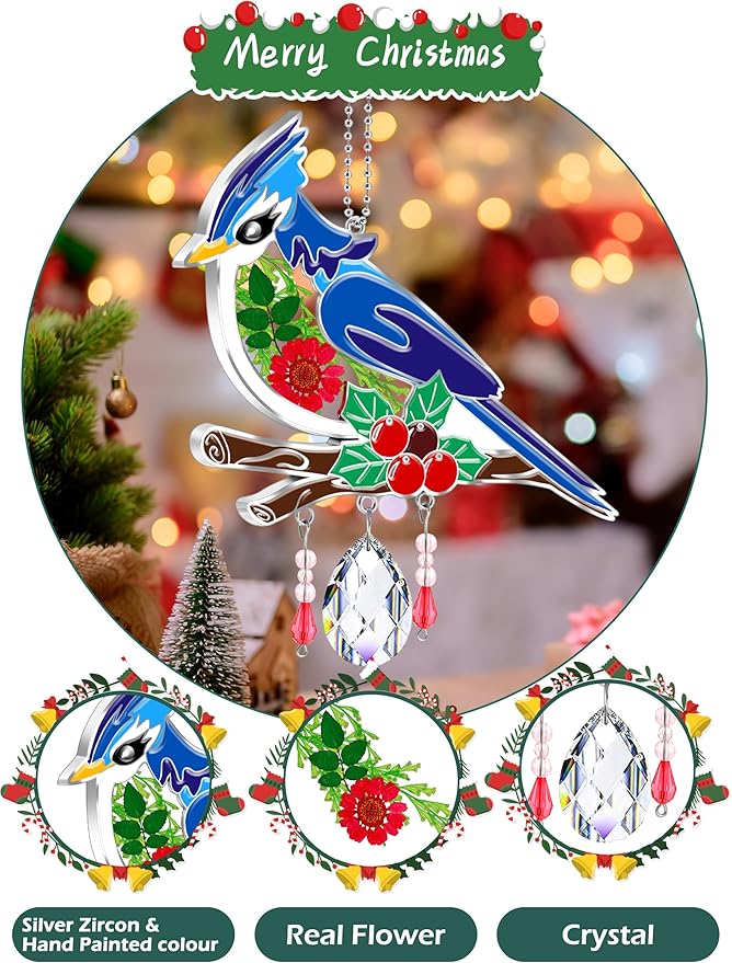 KY&BOSAM Crystal Blue Bird Suncatcher Handmade Bird Sun Catcher for Windows with Real Dried and Pressed Flowers Heart Charm Engraved with Crystal Gifts for Mom Mother`s Day Birthday