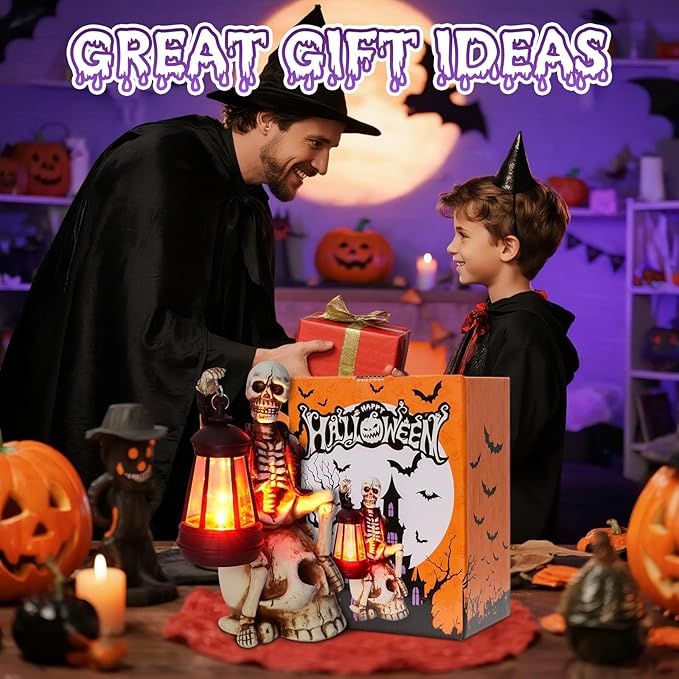 2025 Solar Halloween Decorations Outdoor,Skeleton Figurine Halloween Table Decoration for Outdoor,Skull Statue with Red LED Lantern,Skull Decor for Patio Lawn Yard Balcony Garden Home