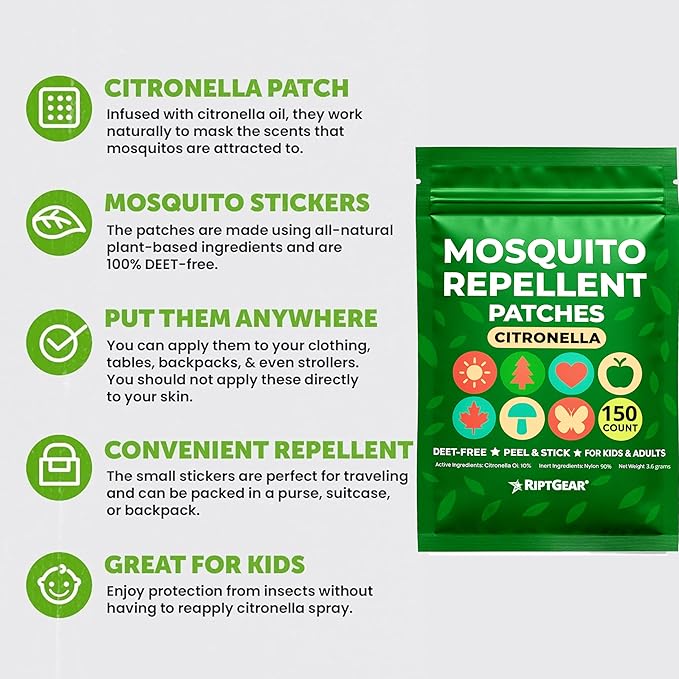 RiptGear Mosquito Patches - 150 Pack of Mosquito Stickers for Kids and Adults, Natural Mosquito Sticker, Citronella Patch Sticks to Any Surface - DEET Free