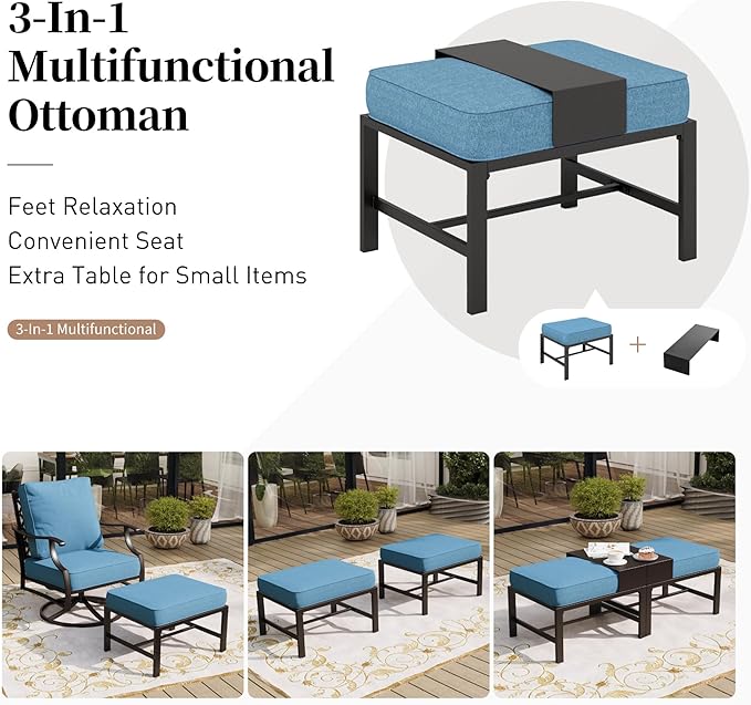 7 Piece Metal Outdoor Patio Furniture Set, Patio Conversation Sets 1 3-seater Sofa, 2 Fixed Chairs, 2 Swivel Chairs, 2 Ottomans with 5.75" Thick Cushion, Black Backyard Furniture, Navy