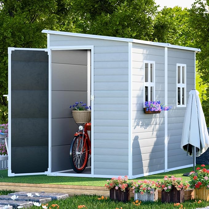 4x8 FT Lean-to Resin Shed with Floor Included, Waterproof Plastic Storage Cabinet, Garden Tool Shed for Outdoor Wall