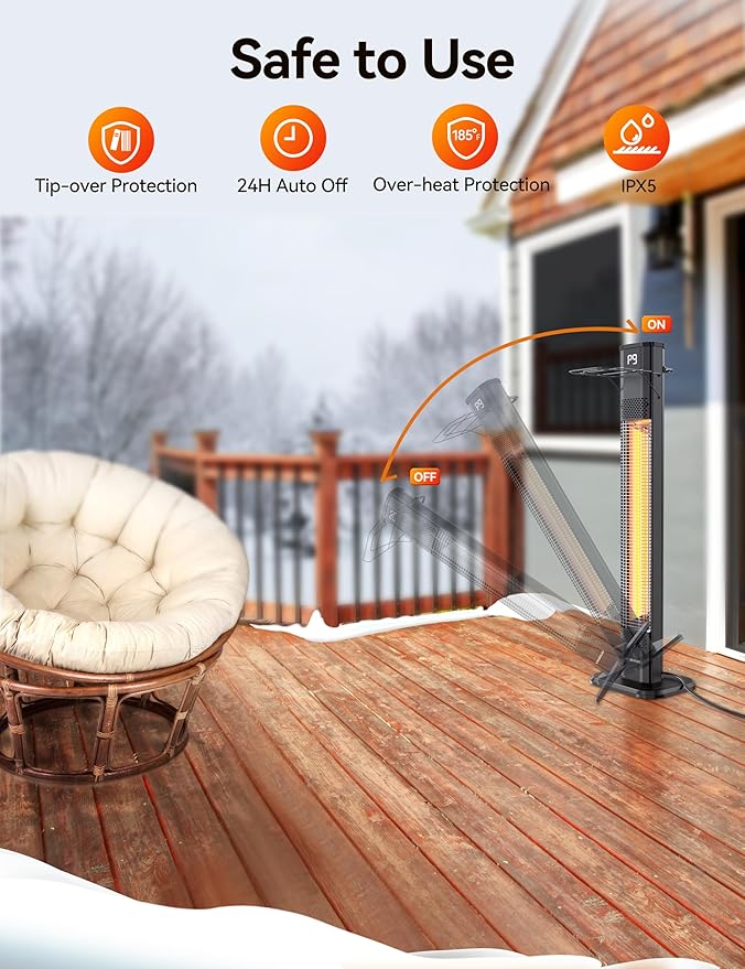 VAGKRI Outdoor Heaters, 1s Heating Carbon Infrared Patio Heaters With Remote, 9 Heat Levels, 24H Timer, IPX5 Waterproof, 42in Electric Space Heaters for Home, Office, Restaurant, Patio, and Garage