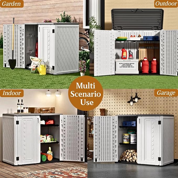 ZZM 4x3FT Heavy-Duty Outdoor Storage Shed | 34 Cu.Ft Waterproof Resin Cabinet with Double-Wall | UV-Resistant & Lockable for Garden Tools, Bikes, Patio Furniture (Wood Grain Texture)