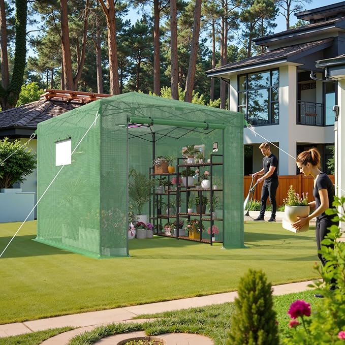 8X12 FT Pop Up Greenhouse,Greenhouse for Outdoors, Portable Walk-in Greenhouses with Roll-Up Zipper Door, PE Cover Greenhouses for Garden and Backyard, Easy Setup