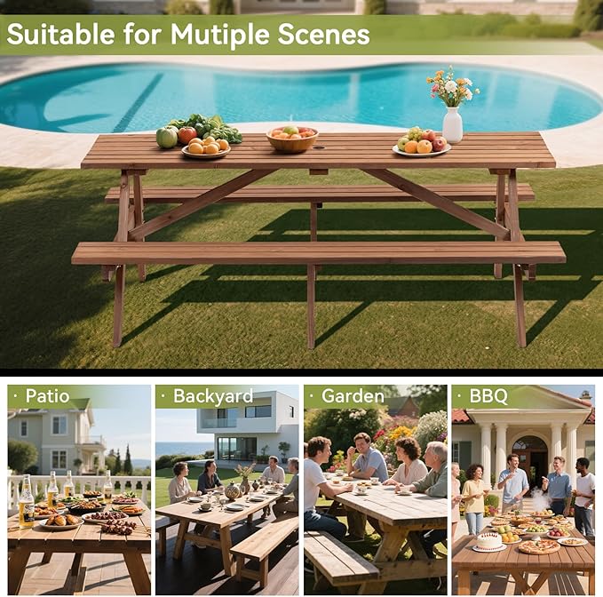 8-Person Wooden Picnic Table with 2 Built-in Benches, 75" L x 50" W Outdoor Dining Table, 2220lb Capacity Includes Umbrella Hole, Perfect for Backyard, Camping, Natural