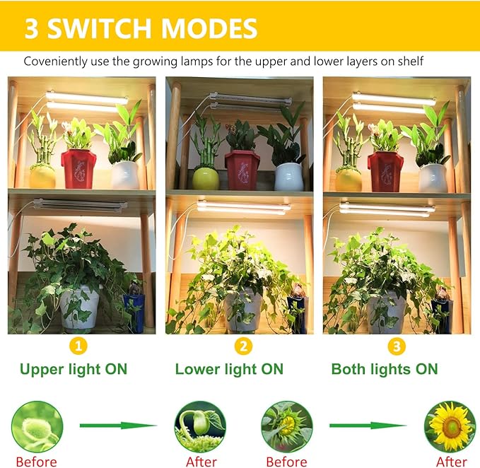 Plant Lights for Indoor Plants, 2 Strips Grow Lights Full Spectrum Growing Lamps for Indoor Plants, Auto On & Off Timer, 10 Dimmable Levels for Hydroponic Succulent Seedling
