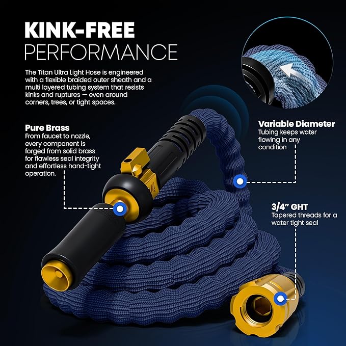 TITAN Flexible Garden Hose 50FT – Ultra Lightweight, Heavy Duty Water Hose with Brass Fittings & Jet Nozzle – Kink-Free, Non-Expanding, Durable Fabric Hose for Yard, Lawn, Car Wash, Outdoor Use