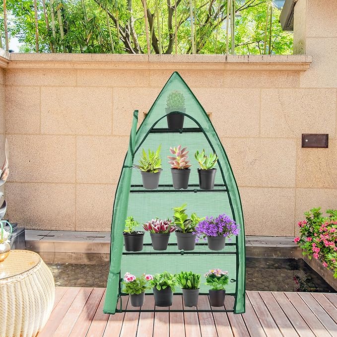 EAGLE PEAK Mini Greenhouse with Wire Shelves, Portable Indoor & Outdoor Green House with Roll-Up Zipper Door, 4 Tier, 35.4”x17.7”x63.0”, Clear/Green PE Cover