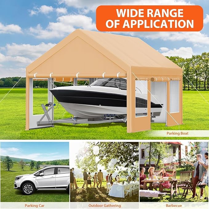 13x20 Ft. Metal Carport Garage with PE Fabric and Galvanized Steel Frame Outdoor Shelter for Cars, Trucks and Boats with 4 Doors and Mesh Windows for Ventilation - Yellow