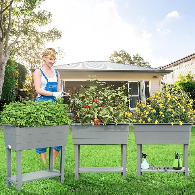 Aoodor 30'' × 14'' × 29'' Elevated Raised Planter Box with Legs, Storage Space, Plastic Drainage Plug & Water Level Indicator for Vegetables Flowers Herbs Outdoor, Gray, Set of 3
