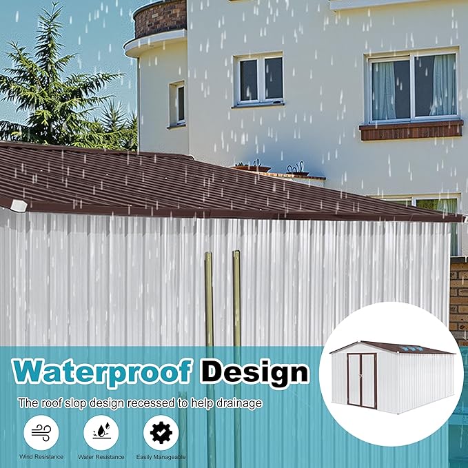 10x12 FT Outdoor Storage Shed, Metal Tool Shed with Lockable Doors & Peaked Roof, Garden Shed with Vented Design for Backyard Garden Patio Lawn, White+Coffee