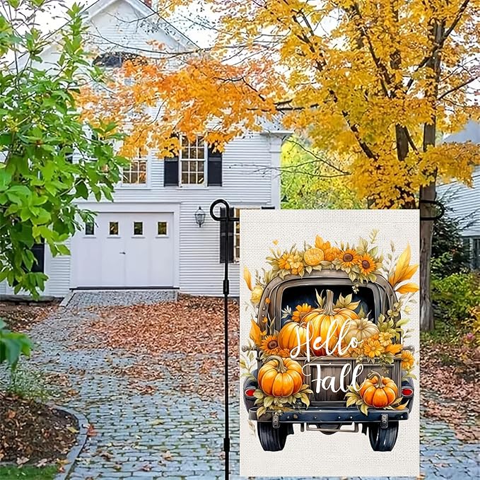 Hello Fall Pumpkin Truck Garden Flags 12x18 Vertical Double Sided, Autumn Thanksgiving Yard Flag for Outside, Holiday Seasonal Outdoor Decorations for Home