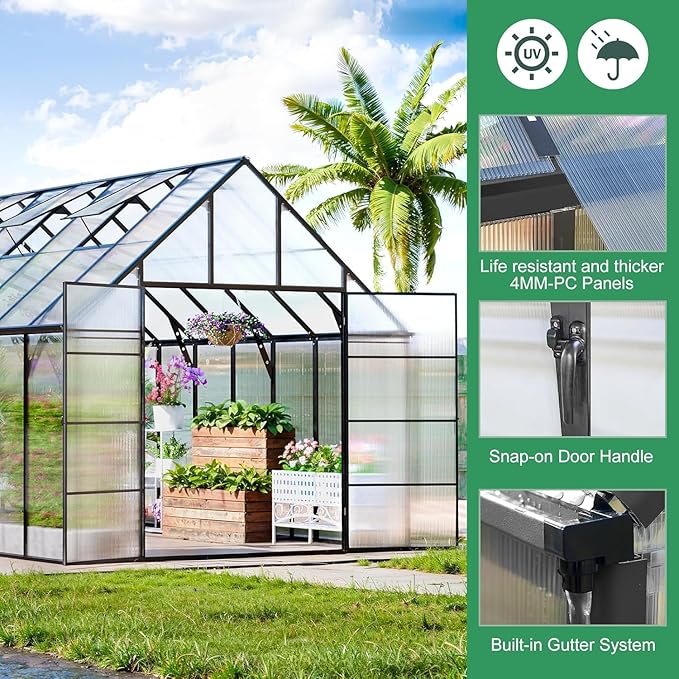 10x24 FT Large Greenhouse, Easy Assembly Hybrid Polycarbonate Greenhouses for Outdoors w/5 Vent Windows & Swing Door Walk-in Greenhouses Aluminum Green House for Outside, Black