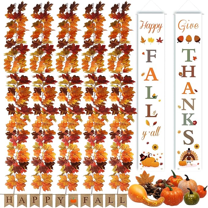 Fall Decor Set 5 Pack 5.9Ft Artificial Fall Maple Leaves Garland - 70pcs with Mini Pumpkins kit, Happy Fall Porch Banner Welcome Signs Autumn Decor for Thanksgiving Home & Fall Decorations