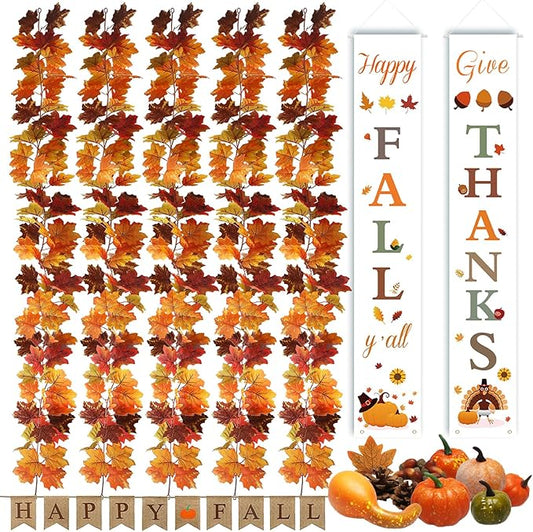 Fall Decor Set 5 Pack 5.9Ft Artificial Fall Maple Leaves Garland - 70pcs with Mini Pumpkins kit, Happy Fall Porch Banner Welcome Signs Autumn Decor for Thanksgiving Home & Fall Decorations