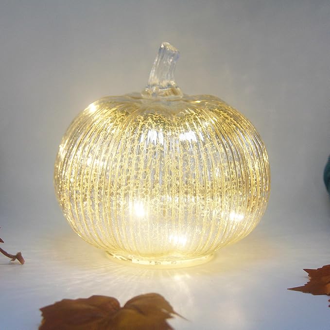 Mercury Glass Pumpkin Lights with Timer, Battery Operated Led Pumpkin Lights for Halloween Fall,Thanksgiving Rustic Decor (Silver Fine-Striped, 6")