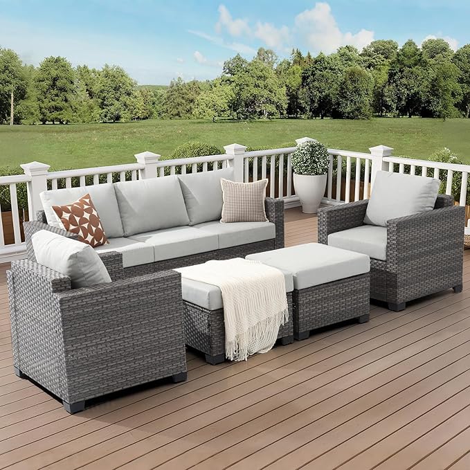 ABCASA Patio Furniture Set, Oversized 7 Piece 5 Seats Comfortable Wicker Rattan Outdoor Furniture Set with Ottoman,Deep Seat & 4.72'' Soft Cushion Patio Conversation Sets for Porch,Deck,Backyard,Grey