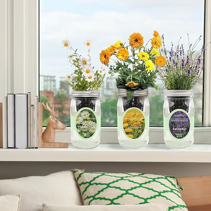 Hydroponic Herb Growing Kit Set, Self-Watering Mason Jar Herb Garden Starter Kit Indoor, Grow Your Own Herbs from Seeds (Calendula, Chamomile & Lavender)