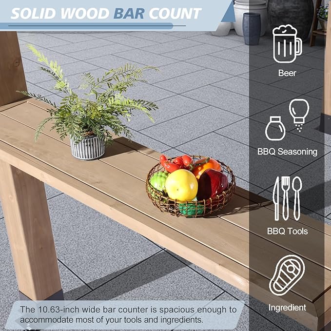 CHARMELEON 6'x8' Wood Grill Gazebo, Cedar Wood BBQ Grill Gazebo with 2 Side Storage Shelves, Pavilion with Hardtop Sloping Steel Roof for Outdoor, Patio, Barbecue, Garden, Deck