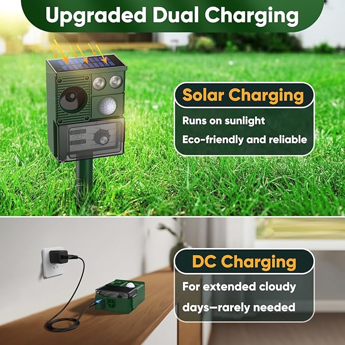 Solar Ultrasound Animal Repellent Outdoor, Deer Repellent Devices Skunk Repellent with Motion Detector & Flashing Light, Waterproof Raccoon Repeller, Cat Squirrel Rabbit Rat Repeller for Yard (Green)