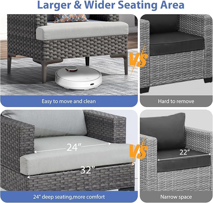 10 Pieces Patio Sectional Furniture Set with 44" Propane Fire Pit Table, 60000BTU Wicker Outdoor Sectional Coversation Set, Thick Cushion Deep Seat, Outdoor Furniture for Porch,Backyard,Deck (Grey)