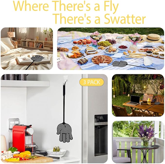 Fly Swatter Heavy Duty for Indoors – Hand-Shaped Flyswatter with Non-Slip Grip, Flexible 3-Pack Bug Swatters for Kitchen, Patio & Living Room