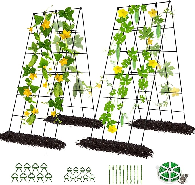 DoCred Cucumber Trellis, 2 Pack Foldable A Frame Trellis for Raised Bed Climbing Plants, Vegetables, Includes Plant Support Clips, Twist Ties, Plastic Ties- Made from PVC-Coated Steel