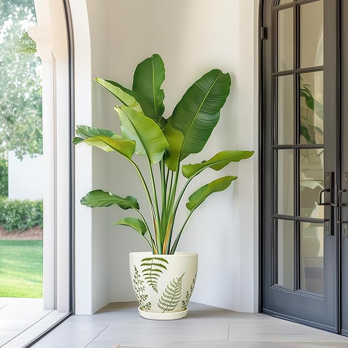 Ceramic Planter - 10 Inch Plant Pot for Outdoor Flowers with Drainage Hole and Saucer, Boho Round Decorative Indoor Flower Pot, Gifts for Plants Lovers, Home Patio Garden Room Decor, White