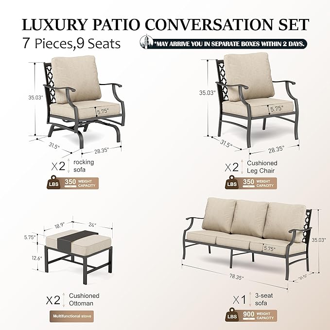 HERA'S HOUSE 7 Piece Patio Furniture Set, 2 x Rocking Chair, 2 x Fixed Chair, 2 x Ottoman, 1 x 3-Seat Sofa, All Cushioned 9 Seats Outdoor Conversation Set for Lawn Garden Backyard