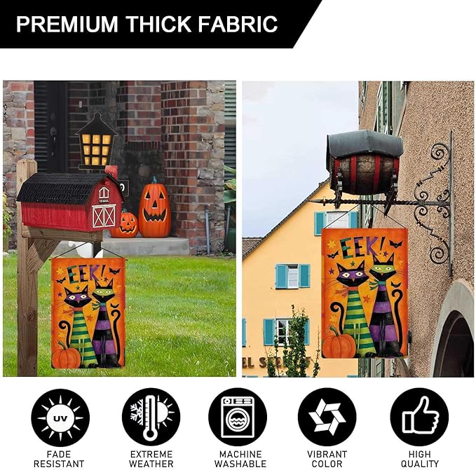 Halloween Black Cats Garden Flag EEK Pumpkins Holiday Garden Flag Vertical Double Sided Rustic Farmland Burlap Yard Lawn Outdoor Decor 12.5x18"