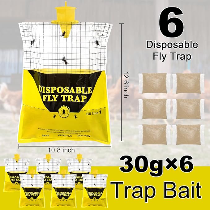 Glovv 6 Pack Disposable Big Fly Trap Bags Outdoor Hanging, Catcher Hunter with Bait, Stable Horse Ranch Control Repellent Killer for Barn, Farm, Mosquito, Bugs