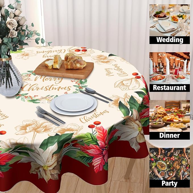 Giwawa Blooming Poinsettia's Merry Christmas Fabric Tablecloth, Christmas Cottage Floral Bordered Print Easy Care, Stain Release Tablecloth, 60 Inch Round